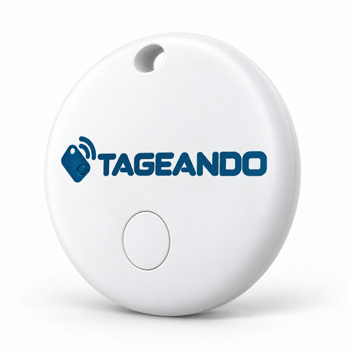 Render ilustrativo de TAGEANDO Básico circular blanco con el logo TAGEANDO completamente azul.